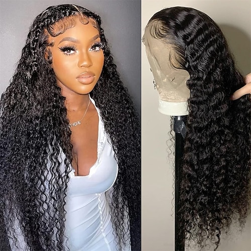 

Deep Wave Lace Front Wigs Human Hair Wigs for Black Women 150% Density 13x4 HD Transparent Deep Curly Lace Frontal Glueless Wigs Human Hair Pre Plucked With Baby Hair Natural Black