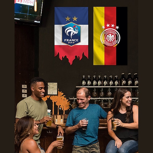 

The Emblem Of The World Cup The Flag The Colored Flag Must Be Hung At The Bottom The Bar Is Decorated With Fans' Souvenirs The Flag And The Hanging Cloth
