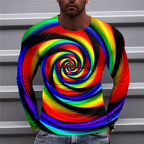 

Men's T shirt Tee Optical Illusion Graphic Prints Spiral Stripe Crew Neck Green Blue Orange Light Blue 3D Print Outdoor Street Long Sleeve Print Clothing Apparel Basic Sports Designer Casual