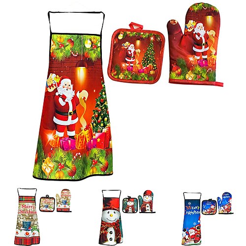 

Christmas Series Kitchen Set Anti-Scalding Insulation Pad Baking Oven Gloves Anti-Fouling Apron for Dining Room and Christmas Party