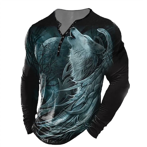 

Herren Henley Shirt T Shirt Tee Graphic Wolf Henley Schwarz 3D-Druck Outdoor Täglich Langarm Button-Down Bedruckt Bekleidung Basic Klassisch Komfortabel