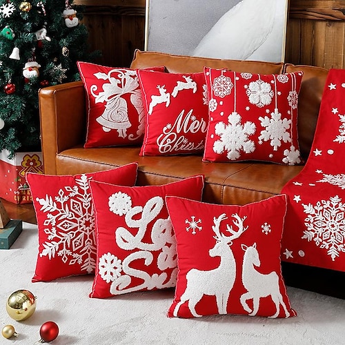 

Decoration Christmas Throw Pillow Cover Cotton Towel Embroidered Sofa Cushion Cover Cartoon Elk Snowflake Pillow Cover