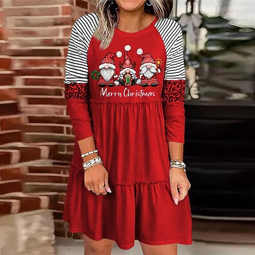

Women's Christmas Casual Dress Shift Dress Mini Dress Wine Red Gray Long Sleeve Santa Claus Tree Striped Ruffle Print Winter Fall Crew Neck Vacation Casual 2022 S M L XL XXL 3XL 4XL 5XL