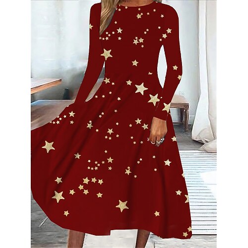 

Women's Casual Dress Swing Dress Midi Dress Wine Long Sleeve Star Pocket Winter Fall Spring Crew Neck Fashion Christmas Daily Weekend 2022 S M L XL XXL 3XL