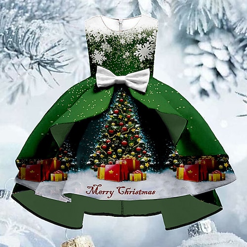 

Kids Girls' Christmas Dress Christmas Tree Swing Dress Knee-length Dress Christmas Gifts Ruffle Crew Neck Sleeveless Elegant Dress 3-10 Years Winter Green