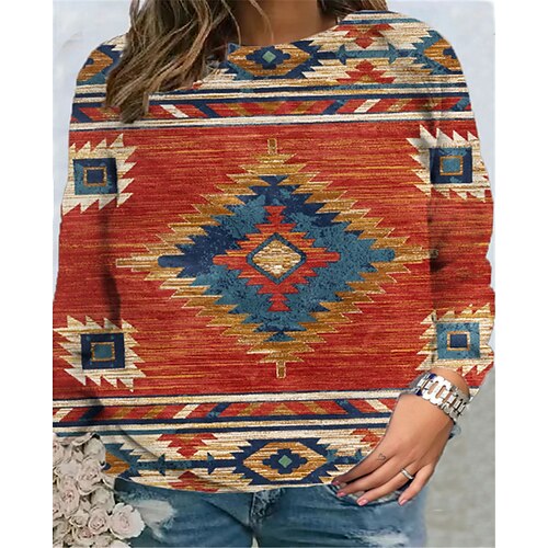 

Women's Plus Size Tops Pullover Sweatshirt Geometry Print Long Sleeve Crew Neck Vintage Ethnic Casual Daily Going out Polyester Winter Fall Red