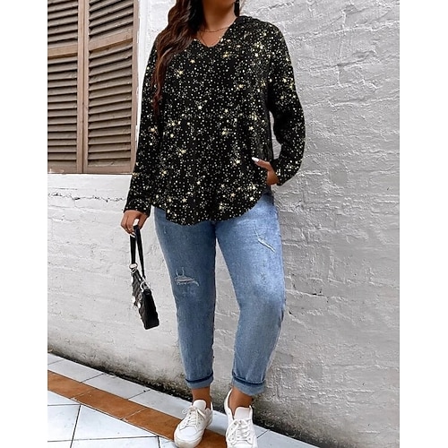 

Women's Plus Size Tops Blouse Galaxy Print Long Sleeve V Neck Fashion Modern Vacation Going out Polyester Winter Fall Black