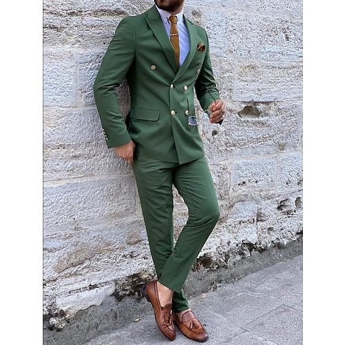 

Green Men's Wedding Suits 2 Piece Solid Colored Standard Fit Double Breasted Six-buttons 2022