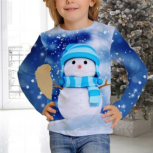 

Kids Girls' Christmas T shirt Snowman Christmas Gifts 3D Printing Long Sleeve Crewneck Cute 7-13 Years Winter Blue