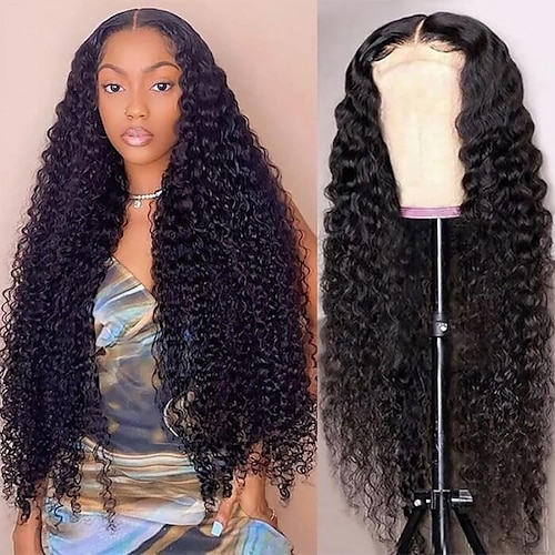 

Kinky Curly Lace Front Wigs Human Hair Pre Plucked Bleached Knots with Baby Hair Glueless 44 Brazilian Virgin Curly Lace Closure Human Hair Wigs for Black Women Natural Color 180% Density