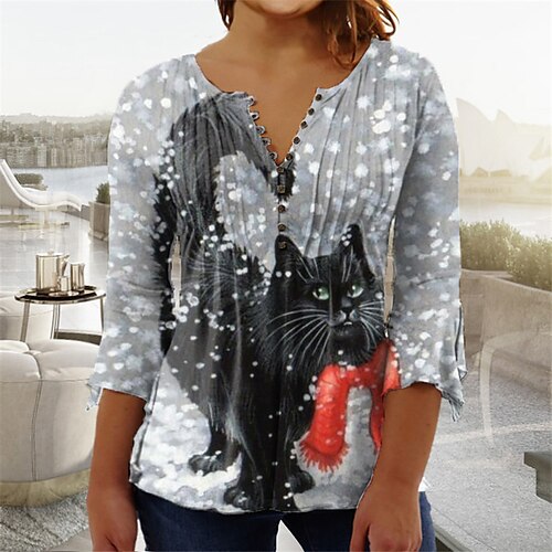 

Women's Plus Size Christmas Tops Blouse Shirt Animal Cat Button Print 3/4 Length Sleeve V Neck Casual Daily Cotton Spandex Jersey Winter Fall Blue Dark Gray