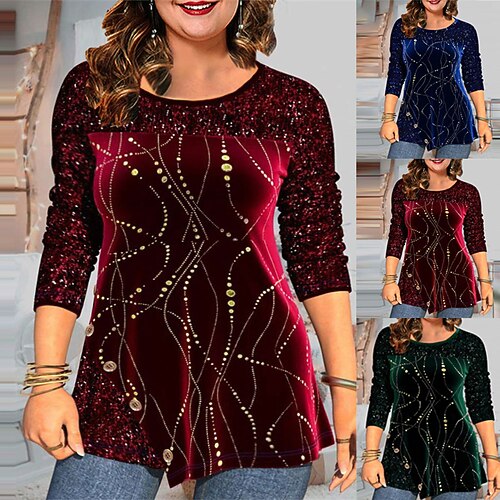 

Women's Plus Size Christmas Tops T shirt Tee Polka Dot Sequins Print Long Sleeve Crew Neck Casual Mature Daily Polyester Winter Fall Wine Dark Green