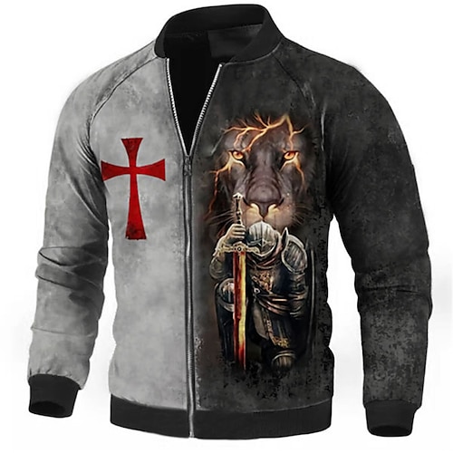 

Men's Coat Warm Sports & Outdoor Zipper Lion Cross Soldier 3D Printed Graphic Standing Collar Sport Jacket Outerwear Long Sleeve Zipper Fall & Winter