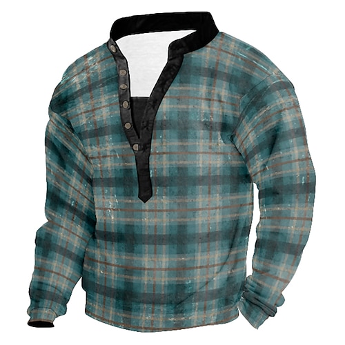 

Men's Sweatshirt Green Standing Collar Henley Tartan 3D Print Casual 3D Print 3D Print Casual Spring Fall Winter Clothing Apparel Hoodies Sweatshirts