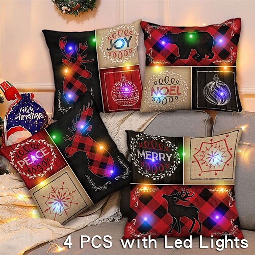 

Christmas LED Lights Throw Pillow Cover 4PC Soft Decorative Square Cushion Case Pillowcase for Bedroom Livingroom Sofa Couch Chair Superior Quality