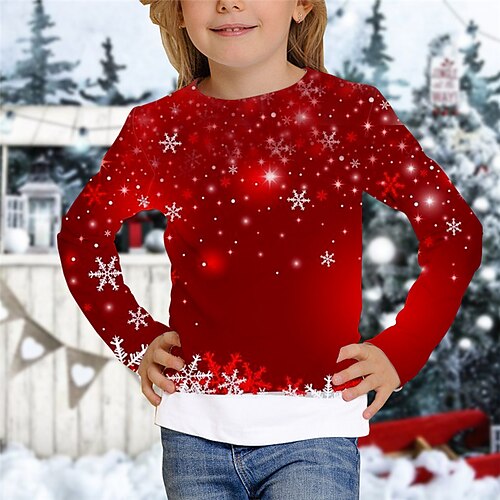 

Kids Girls' Ugly Christmas T shirt Snowflake Christmas Gifts 3D Printing Long Sleeve Crewneck Cute 7-13 Years Winter Wine