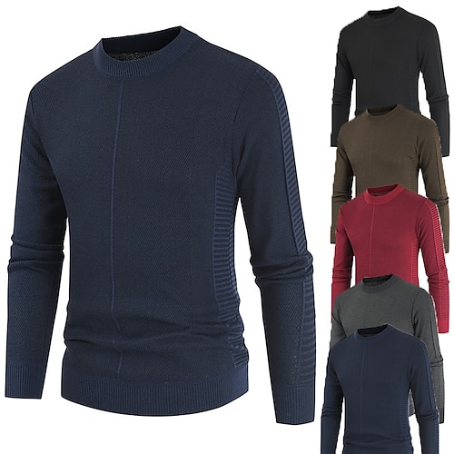 

Men's Pullover Sweater Jumper Ribbed Knit Cropped Knitted Solid Color Crew Neck Keep Warm Modern Contemporary Work Daily Wear Clothing Apparel Winter Spring & Fall Wine Dark Gray M L XL