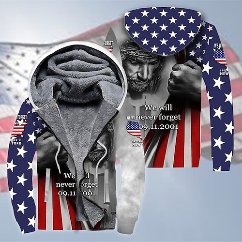 

Men's Fleece Jacket Full Zip Hoodie Fleece Hoodie Sherpa Jacket Blue Hooded Graphic Prints Human National Flag Zipper Print Sports Outdoor Daily Sports 3D Print Fleece Streetwear Designer Casual