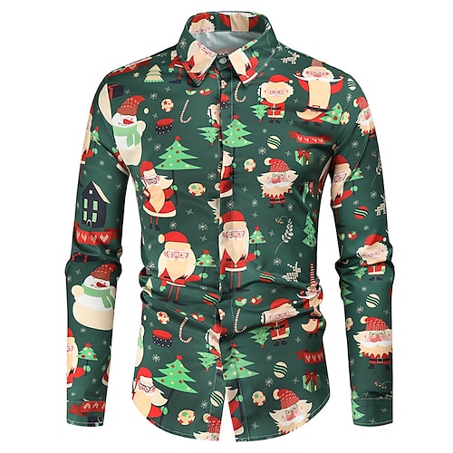 

Men's Shirt Santa Claus Snowman Graphic Prints Turndown Green White 3D Print Christmas Street Long Sleeve Button-Down Print Clothing Apparel Fashion Designer Casual Soft