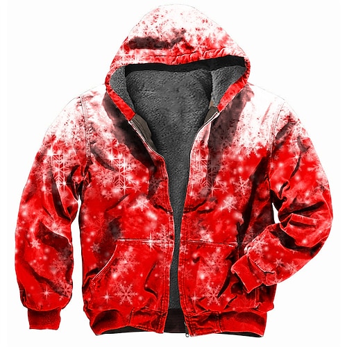 

Men's Fleece Jacket Full Zip Hoodie Fleece Hoodie Sherpa Jacket Wine Red Hooded Graphic Prints Snowflake Zipper Print Christmas Sports & Outdoor Daily 3D Print Fleece Streetwear Designer Casual Winter