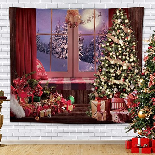 

Christmas Party Wall Tapestry Photography Background Holiday Art Decor Blanket Hanging Home Bedroom Living Room Decoration Santa Claus Tree Snowman Elk Snowflake Candle Gift Fireplace