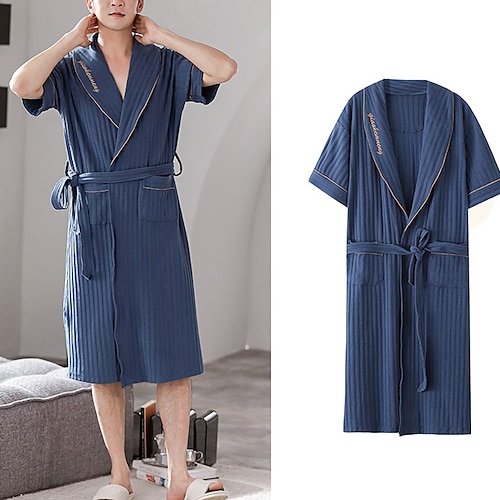 

Men's Robe Bath Robe Pure Color Basic Fashion Simple Home Cotton Comfort Breathable Plunging Neck Long Robe Pocket Belt Included Summer Dark Blue Dark Gray