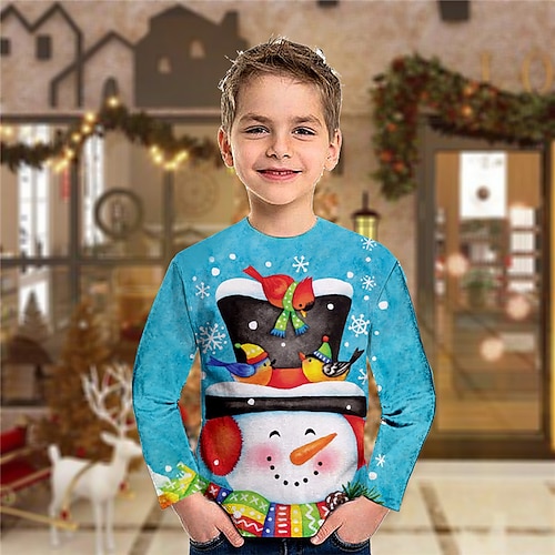 

Toddler Boys Ugly Christmas T shirt Tee Snowman Long Sleeve Crewneck Children Top Casual 3D Print Cute Daily Winter Fall Blue 7-13 Years