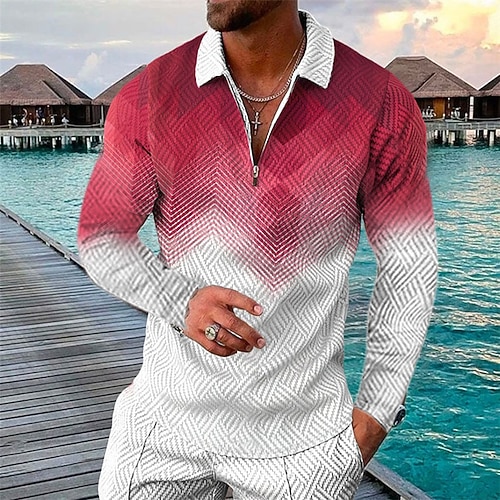 

Men's Collar Polo Shirt Golf Shirt Gradient Graphic Prints Geometry Turndown Red 3D Print Outdoor Street Long Sleeve Zipper Print Clothing Apparel Fashion Designer Casual Soft