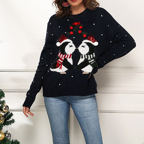 

Women's Ugly Christmas Sweater Pullover Sweater Jumper Ribbed Knit Knitted Animal Crew Neck Stylish Casual Outdoor Christmas Winter Fall Navy Blue S M L