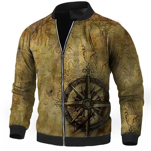 

Men's Coat Warm Sports & Outdoor Zipper Graphic Prints Compass 3D Printed Graphic Standing Collar Sporty Jacket Outerwear Long Sleeve Zipper Fall & Winter