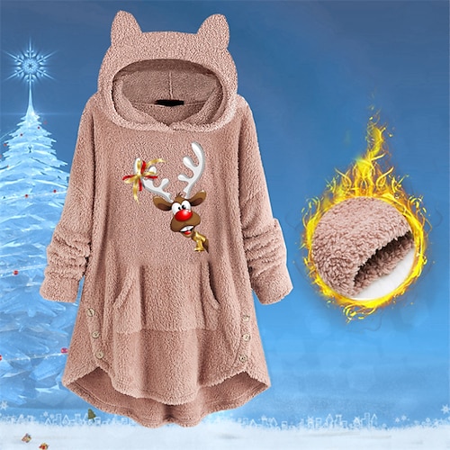 

Women's Sherpa jacket Fleece Jacket Teddy Coat Windproof Warm Outdoor Christmas Daily Wear Going out Pocket Print Pullover Hoodie Comfortable Plush Christmas Elk Regular Fit Outerwear Long Sleeve