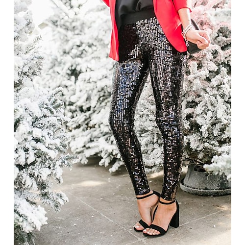 

Women's Tights Leggings Black Green Red Low Waist Sparkle Casual Sparkle & Shine Christmas Holiday Sequins Stretchy Ankle-Length Tummy Control Plain S M L XL