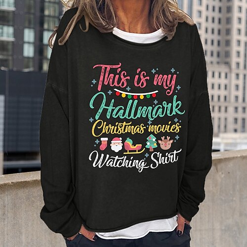 

Women's Sweatshirt Pullover Basic Black Blue Khaki Graphic Christmas Round Neck Long Sleeve S M L XL 2XL 3XL