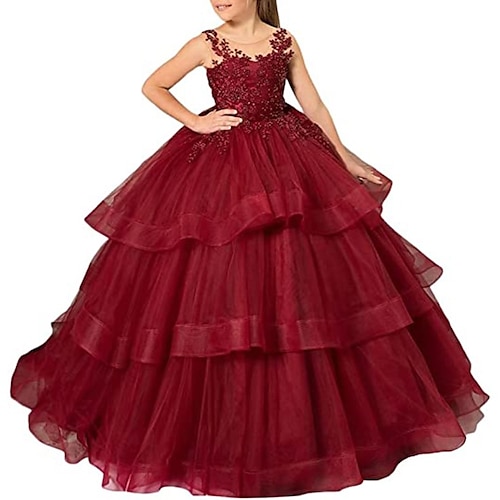 

Wedding Party Princess Flower Girl Dresses Jewel Neck Floor Length Tulle with Appliques Cascading Ruffles Elegant Tutu Cute Girls' Party Dress Fit 3-16 Years
