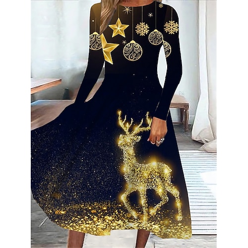 

Women's Casual Dress Swing Dress Midi Dress Navy Blue Long Sleeve Star Pocket Winter Fall Spring Crew Neck Fashion Christmas Daily Weekend 2022 S M L XL XXL 3XL