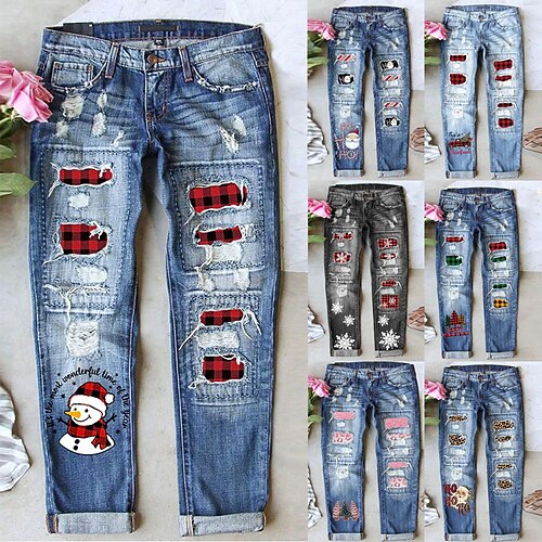 

Women's Jeans Distressed Jeans Denim Light Blue Transparent Blue Black Grey Fashion Christmas Christmas Street Casual Baggy Full Length Comfort Plaid S M L XL XXL