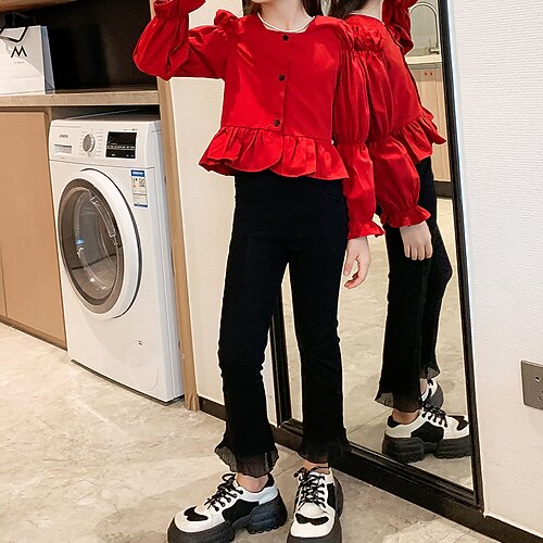 

2 Pieces Kids Girls' Solid Color Puff Sleeve Shirt & Pants Set Long Sleeve Cute School 7-13 Years Fall Wine