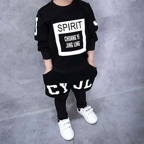 

2 Pieces Toddler Boys Sweatshirt & Pants Outfit Letter Long Sleeve Set Casual Active Adorable Winter Fall 3-7 Years Black Gray