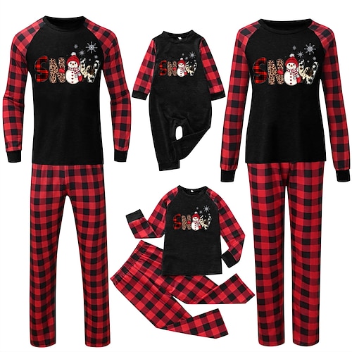 

Christmas Pajamas Family Letter Snowman Home Crewneck Black Red Long Sleeve Adorable Matching Outfits