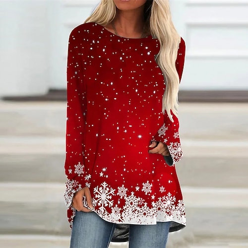 

Women's Christmas Casual Dress T Shirt Dress Tee Dress Mini Dress Wine Long Sleeve Snowflake Print Winter Fall Crew Neck Vacation Casual 2022 S M L XL XXL 3XL