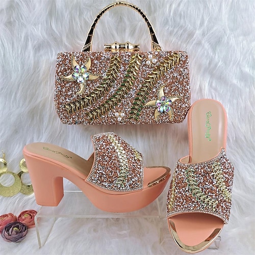 

african cross-border thick-soled rhinestone round toe super high-heeled shoes spot muffin women's shoes with metal portable star rhinestone bag