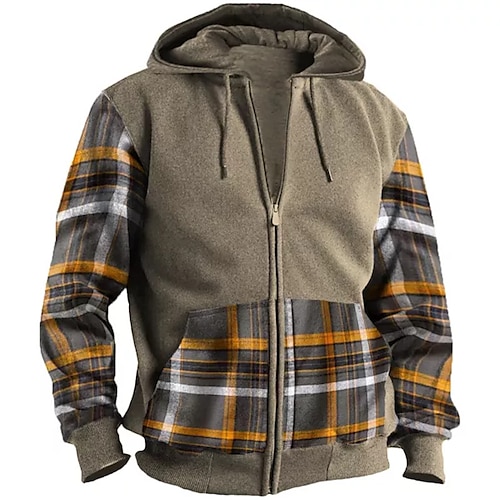 

Men's Full Zip Hoodie Jacket Brown Hooded Plaid Checkered Graphic Prints Zipper Print Sports Outdoor Daily Sports 3D Print Streetwear Designer Casual Spring Fall Clothing Apparel Hoodies