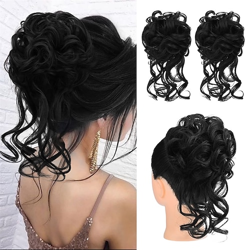 

2PCS Messy Bun Hair Piece Tousled Updo with Tendrils Hair Bun Extensions Wavy Curly Hair Wrap Ponytail Hairpieces Hair Scrunchies for Women Girls