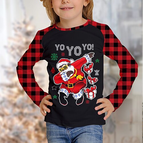 

Kids Girls' Ugly Christmas T shirt Plaid Christmas Gifts 3D Printing Long Sleeve Crewneck Cute 7-13 Years Winter Black