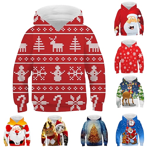 

Kids Boys Hoodie Pullover Santa Claus Elk Christmas Tree Long Sleeve Children Top Casual Hoodie Active Fashion Light Yellow Deep Pink Green Winter 7-13 Years
