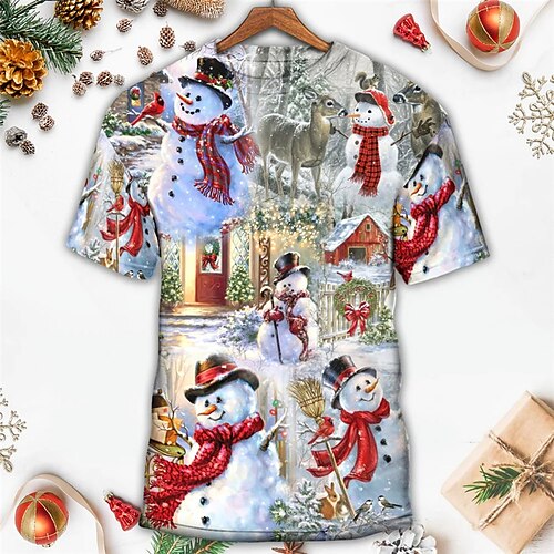 

Men's T shirt Tee Snowman Graphic Prints Crew Neck Blue 3D Print Outdoor Christmas Short Sleeve Print Clothing Apparel Sports Designer Casual