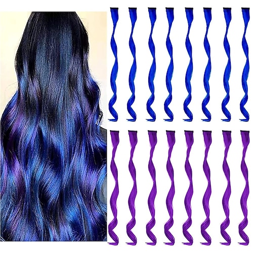 

16 Pcs Curly Colored Hair Extensions Party Highlights Multi-Colors Wavy Hairpiece Clip in Synthetic Rainbow Streak for Kids Girls Women 17 inch