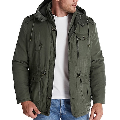 

Men's Puffer Jacket Quilted Jacket Parka Fleece Lining Outdoor Vacation Going out Festival Solid / Plain Color Outerwear Clothing Apparel Green Blue Khaki