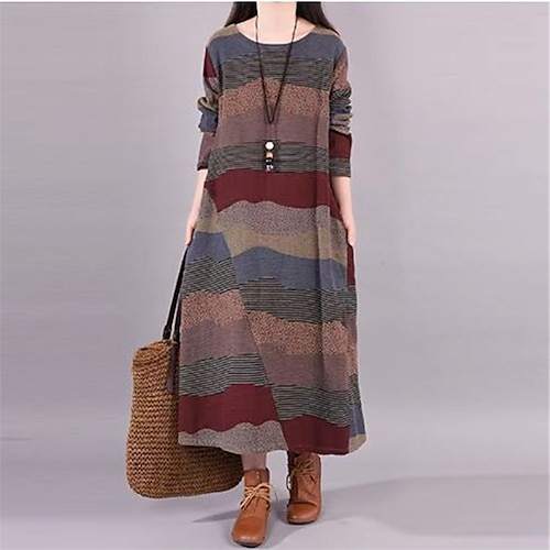 

Mujer Vestido de cambio Vestido Midi Vino Manga Larga Retazos Invierno Otoño Cuello Barco Moda Diario Vacaciones 2022 M L XL 2XL