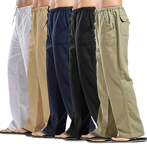 

Men's Linen Pants Trousers Summer Pants Beach Pants Pocket Drawstring Elastic Waistband Plain Comfort Breathable Full Length Daily Streetwear Linen / Cotton Blend Fashion Casual / Sporty Loose Fit